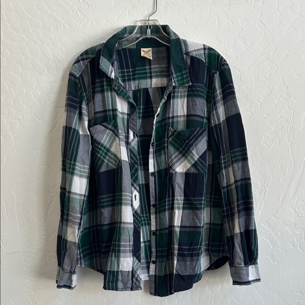 Kid's Size 16-18 Green and Navy Plaid Flannel button up Shirt